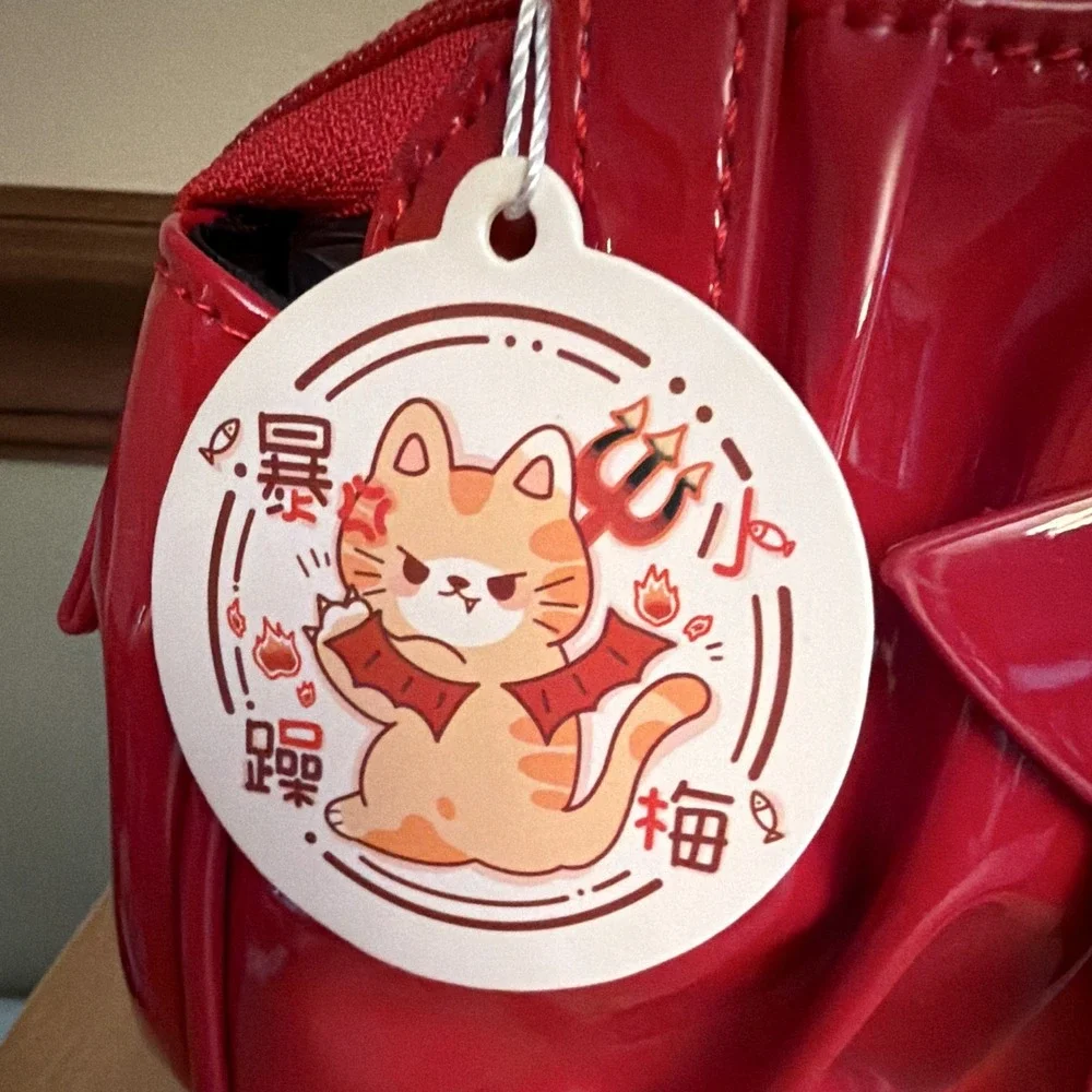 Red Patent Satchel Top Handle Crossbody Bag Bow Heart Charm Cat Tag